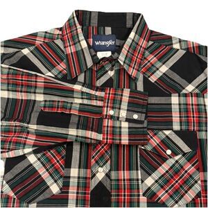 Wrangler Western Shirt Mens 17.5 x 35 Pearl Snap Plaid Black Red Green XL